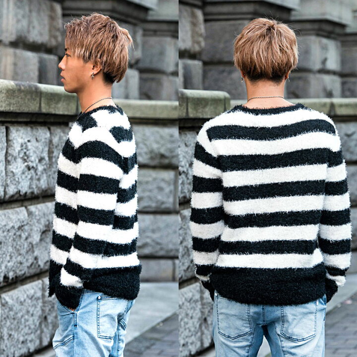 楽天市場 送料無料 ニット メンズ セーター フェザーヤーン ブランド 大人 クルーネック 長袖 ニットソー 無地 ボーダー トップス ストリート 韓国ファッション ブラック オフホワイト ベージュ 黒 白 M L 秋 冬 Cavaria 代 30代 40代 メンズファッション あす楽