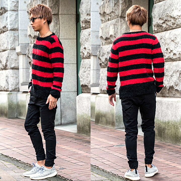 袖 ボーダー ニット セーター メンズ 白黒赤グレー クルーネック コットンセーター 綿 無地 61 Off