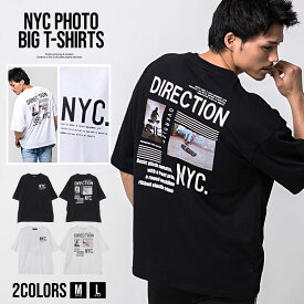 Tシャツ メンズ おしゃれ 半袖 Tシャツ 大きいサイズ NYC フォト ビッグシルエット 半袖Tシャツ トップス カットソー 白T 白Tシャツ ホワイト ブラック バックプリント ニューヨーク 春 夏 春夏 CavariA ユニセックス ファッション メンズファッション【あす楽対応】