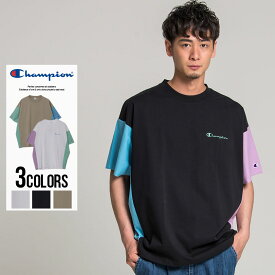 【送料無料】チャンピオン Champion メンズ Tシャツ 正規取扱店 半袖Tシャツ 切り替え 配色 ドルマンスリーブ ビッグシルエット トップス インナー ロゴ カジュアル シンプル ホワイト ベージュ ブラック M L【あす楽対応】【DTK】