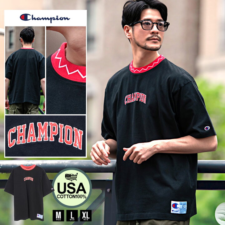 Chapion チャンピオン Tシャツ メンズ ブランド 半袖 半袖Tシャツ おしゃれ コットン USA ショートスリーブ アクションスタイル ロゴ  トップス 綿100% 刺繍 ブラック 黒 カジュアル スポーツ 父の日 ユニセックス 男性 男 服 春 夏 春夏 ファッション | SILVER ... [チャンピオン] Tシャツ 半袖 丸首 COTTON USA ボーダーT ワンポイントロゴ パネルショートスリーブTシャツ ベーシッ