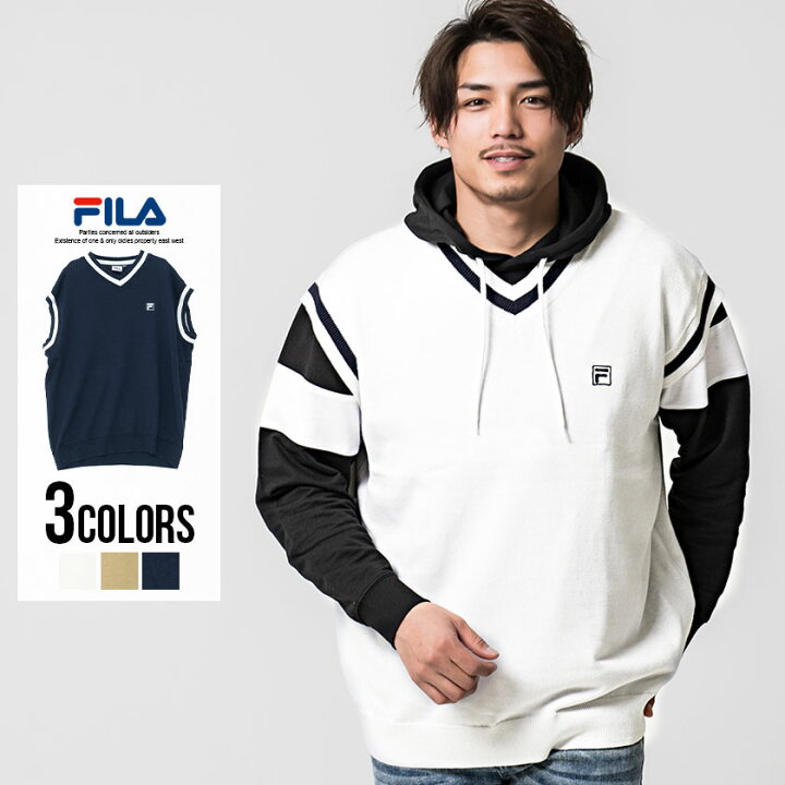 楽天市場 ニットベスト メンズ Fila フィラ Vネックニットベスト 全3色 あす楽対応 トップス ニット セーター Vネック 薄手 ロゴ 刺繍 ユニセックス ブランド ホワイト ベージュ ネイビー 白 紺 M L ストリート 春 Silver Bullet シルバーバレット