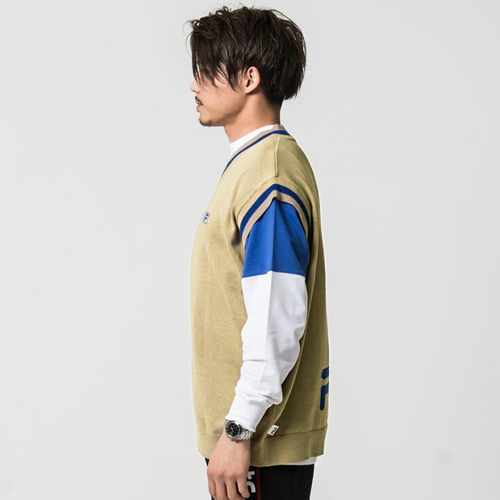 楽天市場 ニットベスト メンズ Fila フィラ Vネックニットベスト 全3色 あす楽対応 トップス ニット セーター Vネック 薄手 ロゴ 刺繍 ユニセックス ブランド ホワイト ベージュ ネイビー 白 紺 M L ストリート 春 Silver Bullet シルバーバレット