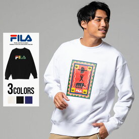 長袖 トレーナー イラスト ロゴ プリントFILA【フィラ】アートプリントクルーネック長袖トレーナー/全3色【あす楽対応】メンズ バックプリント プルオーバー ホワイト ブラック パープル 白 黒 ブランド ストリート アフリカン ユニセックス M L 秋 冬 】