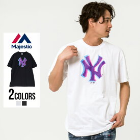 Tシャツ 半袖 グラフィック アナグリフ クルーネック ロゴ プリント Majestic【マジェスティック】NYK Anaglyph Logo S/S Tee/全2色【あす楽対応】メンズ ヤンキース ブランド ストリート ブラック ホワイト MLB チーム M L XL 春 夏