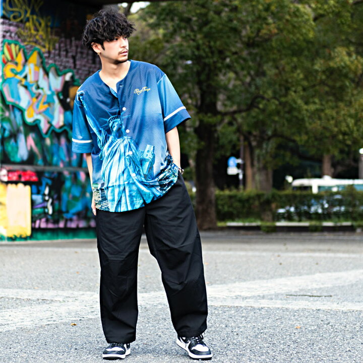 楽天市場 送料無料 ベースボールシャツ メンズ Razzis ラズ おしゃれ 半袖 シャツ Tシャツ トップス 半袖シャツ 総柄 ヤシの木 パームツリー 自由の女神 マンハッタン ホワイト ブルー 白 青 ストリートファッション ストリート系 韓国ファッション あす楽対応