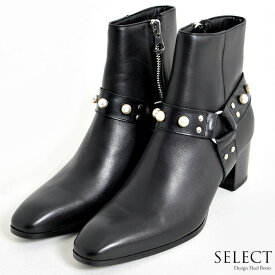 【送料無料】ブーツ メンズ 本革 パールベルト ヒールブーツ V系ブーツ パール 真珠 靴 シューズ ヴィジュアル系 V系 きれいめ ホスト系 ファッション ゴシック パンク モード系 レザー 地雷系 20代 30代 40代 ユニセックス 男性 男 服 秋 冬 秋冬 冬服 ファッション
