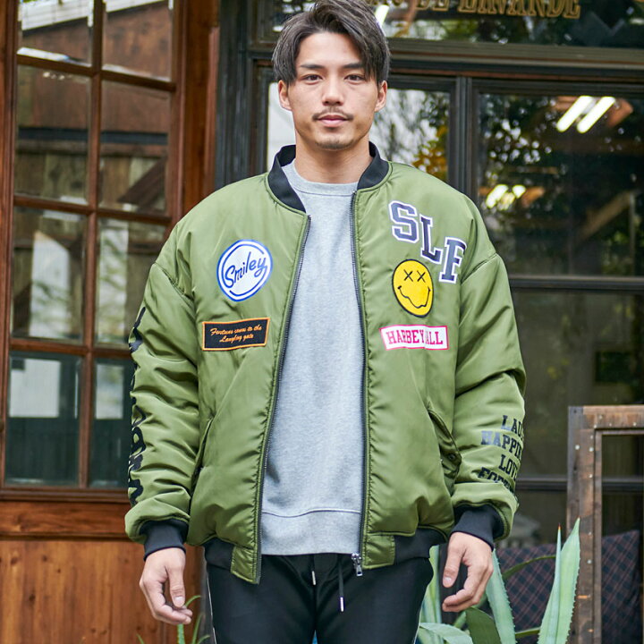 楽天市場 送料無料 Ma 1ジャケット メンズ ブルゾン Ma1 アウター ビッグシルエット オーバーサイズ カジュアル ボンバージャケット カーキ ブラック ワッペン 刺繍 プリント M L Xl 秋服 冬服 秋 冬 22 Smiley Face スマイリーフェイス あす楽対応