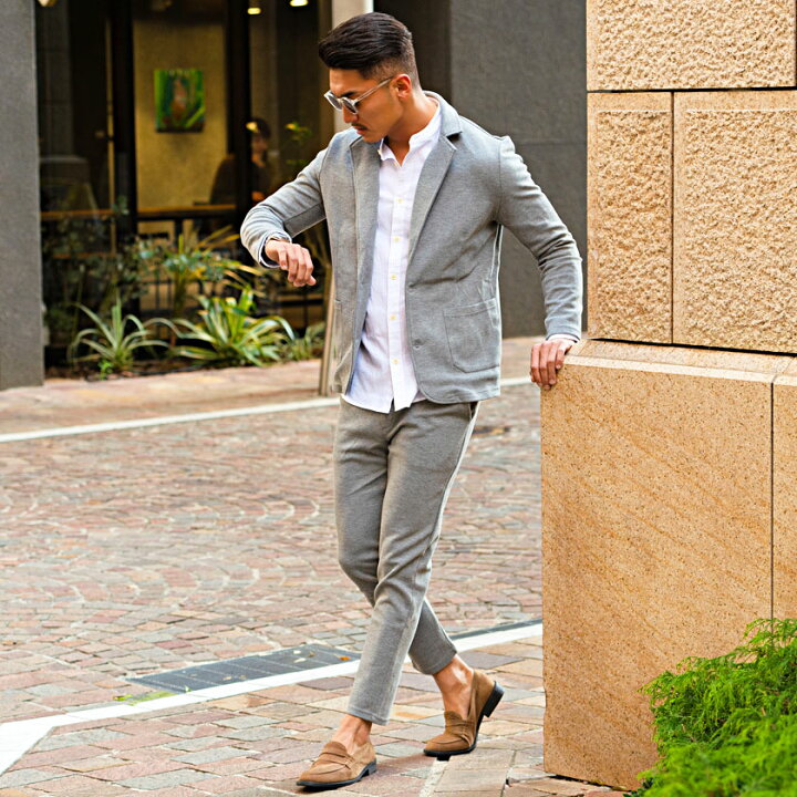 楽天市場 送料無料 セットアップ メンズ テーラードジャケット アンクルパンツ テレワーク リモートワーク 在宅勤務 スラックス カジュアルスーツ スリム 細身 グレー ブラック ネイビー 黒 紺 きれいめ 春 Vicci ビッチ 正装 上下 あす楽対応 Silver