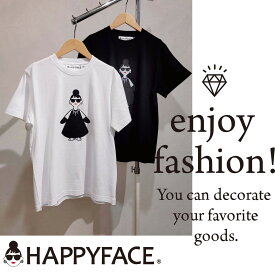 【ポイント10倍】【選べる2色】HAPPY FACE プリントTシャツ サイズ：L（カラー：ホワイト、ブラック）