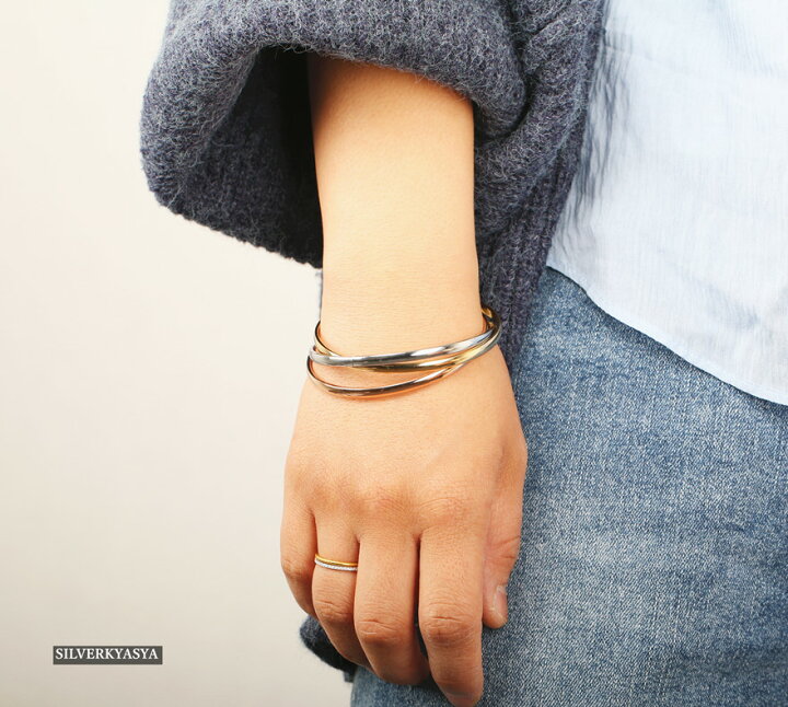 ステンレス バングル 三色 三連バングル ブレスレット 三色バングル 重ね付け シルバーアクセサリーSILVERKYASYA バングル 3色カラー
