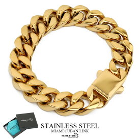 ＼スーパーSALE 10%OFF 7,150円→6,435円 ／幅14mm ステンレス 喜平チェーンブレスレット 4面カット 18k GP IP メッキ gold ゴールド マイアミキューバンリンク HIPHOP系 B系 ストリート ラップ ダンス メンズ 専用BOX付属