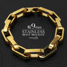 ＼スーパーSALE 10%OFF 5,500円→4,950円 ／メンズブレスレット ステンレス 316L スクエア 長あずき チェーンブレスレット ごつめ ごつい 幅9mm シンプル 普段使い ゴールド 金色 金属アレルギー対応 父の日