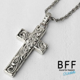 BFF ブランド クロスネックレス シルバー 銀色 silver Sサイズ プルメリア 十字架 ハワイアンジュエリー ロープチェーン 彫金 手彫り 専用BOX付属 父の日