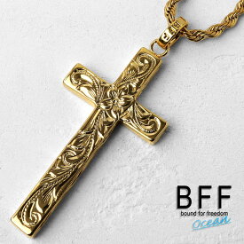 BFF ブランド クロスネックレス ゴールド 18K GP gold 金色 Lサイズ プルメリア 十字架 ハワイアンジュエリー ロープチェーン 彫金 手彫り 専用BOX付属