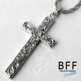 BFF ブランド クロスネックレス シルバー 銀色 silver Lサイズ プルメリア 十字架 ハワイアンジュエリー ロープチェーン 彫金 手彫り 専用BOX付属