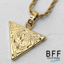 BFF ブランド トライアングルネックレス ゴールド 18K GP gold 金色 プルメリア 逆 三角形 ハワイアンジュエリー ロープチェーン 彫金 手彫り 専用BOX付属 父の日