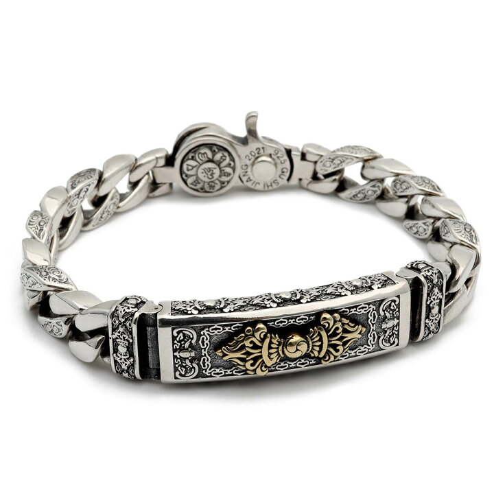 ＼スーパーSALE 10%OFF 14,300円→12,870円 ／六字真言 ブレスレット メンズ シルバー925 チェーンブレスレット silver 銀 密教法具 金剛杵 梵字 刻印 ユニーク ビザンチンチェーン 金属アレルギー対応