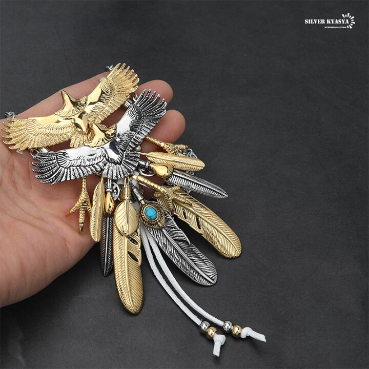 楽天市場】超豪華 フェザーネックレス 特大イーグル2枚重ね ステンレス  