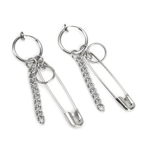 両耳 2type 穴不要 フェイクピアス チェーン セフティピンピアス シルバー 安全ピン フープピアス ステンレスピアス 韓流ピアス 個性派ピアス