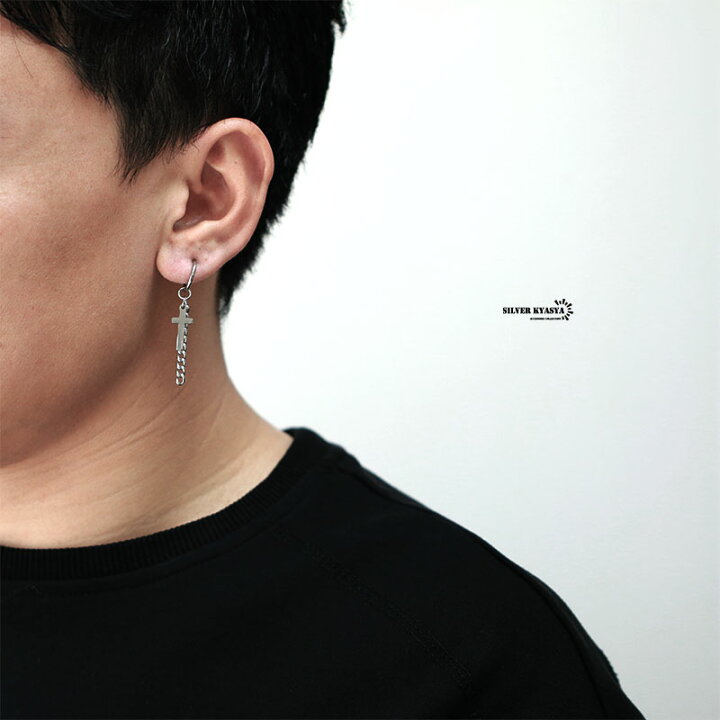 両耳 メンズ フェイクピアス 嘘ピアス イヤリング メンズ フープピアス チェーンピアス クロス 十字架 シンプルピアス 話題 流行り 人気 ブーム シルバーアクセサリーSILVERKYASYA シンプル ピアス ブラック ハンギングフェザー
