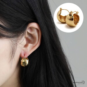 安心のステンレス素材 ワイドピアス ボールピアス ゴールド 18k gp 18金 仕上げ 高級感あり 太めピアス 太幅 極太フープピアス 両耳 2点セット