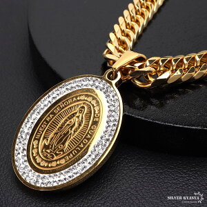 ステンレス マリアネックレス コインネックレス ゴールド 18KGP 50cm 60cm ダブル喜平チェーン 聖母マリア 不思議のメダイ ストーン HIPHOP B系 ブリンブリン ストリート系 男性 メンズ 金アレ対応