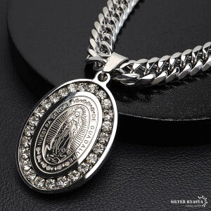 ステンレス マリアネックレス コインネックレス シルバー 50cm 60cm ダブル喜平チェーン 不思議のメダイ 聖母マリア ストーン HIPHOP B系 ブリンブリン ストリート系 男性 メンズ 金アレ対応