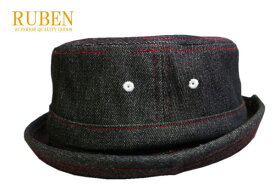 送料無料 RUBEN ブラックデニム ポークパイ ハット ロールアップ メンズ 帽子 サイズ調整可能 フリーサイズ
