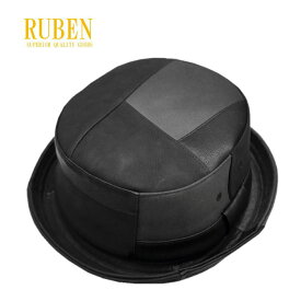 送料無料 RUBEN レザー風 ポークパイ ハット パッチワーク ロールアップ メンズ 帽子 サイズ調整可能 フリーサイズ ブラック