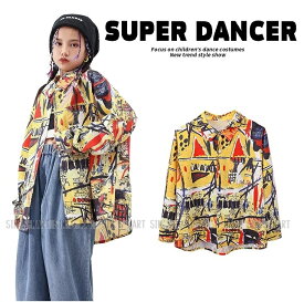 シャツ キッズダンス衣装 トップス ヒップホップ ファッション ダンス衣装 キッズ 長袖シャツ 男の子 ガールズ 柄シャツ 派手 K-POP 韓国 総柄