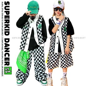 ヒップホップ 衣装 キッズ ダンス衣装 セットアップ 子供ダンス服 ダンスウェア キッズダンス衣装 男の子 ガールズ 派手 K-POP 韓国 白 黒 フラッグチェック ベスト パンツ