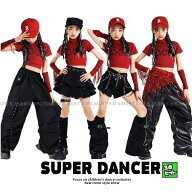 ダンス衣装 キッズ セットアップ 赤 黒 チアダンス ガールズ ヒップホップ 衣装 ヘソ出しトップス レザー…