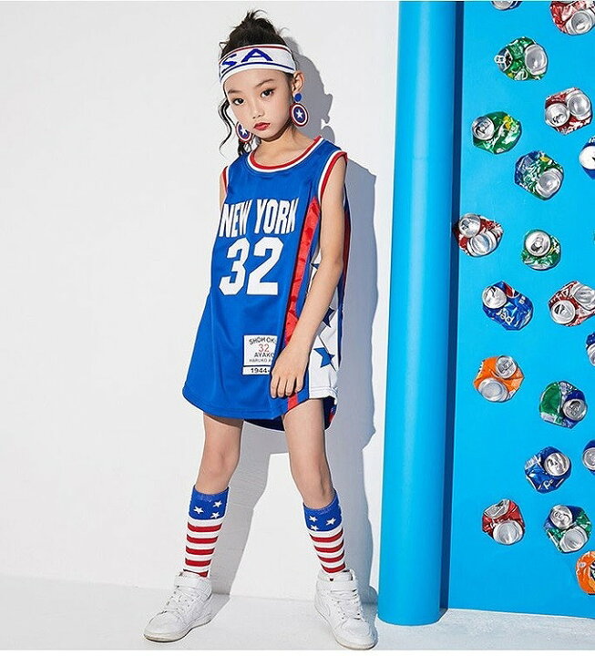 楽天市場 バスケ ヒップホップ ダンス衣装 キッズ バスケット バスケタンク キッズダンス衣装 トップス ダンスファッション 青 K Pop 韓国 Sims Mart