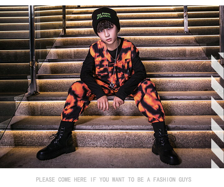 楽天市場 ヒップホップ ダンス衣装 メンズ レディース 大人 キッズ セットアップ キッズダンス衣装 ダンスファッション 派手 フィッシングベスト 迷彩ベスト 迷彩パンツ K Pop 韓国 オレンジ 黒 Sims Mart