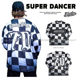 ダンス衣装 トップス ヒップホップ ファッション メンズ レディース 大人 ダンス 衣装 ロンT Tシャツ 派手 K-POP 韓国 フラッグチェック 白黒 格子柄