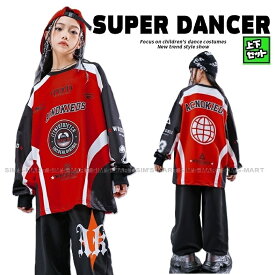 ヒップホップ 衣装 キッズダンス衣装 セットアップ 韓国 子供ダンス服 派手 赤 黒 K-POP hiphop 男の子 ガールズ ダンス衣装 キッズ レーサー風 トップス パンツ