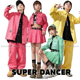 K-POP ダンス衣装 韓国 キッズダンス衣装 ガールズ セットアップ 子供ダンス服 ダンスウェア ダンス衣装 フラッグチェック キッズ ジャケット スカート パンツ 赤 ピンク 黄色 緑