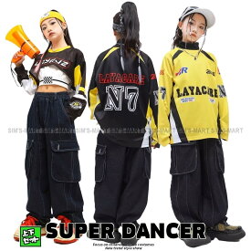 ヒップホップ 衣装 キッズダンス衣装 セットアップ 黄色 黒 デニム K-POP 韓国 hiphop 子供ダンス服 派手 男の子 ガールズ ダンス衣装 キッズ レーサー風 へそ出し トップス パンツ