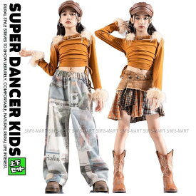 ダンス衣装 セットアップ ガールズ ヒップホップ 衣装 ジャズ ブラウン K-POP 韓国 ダンスウェア キッズダンス衣装 へそ出し ファートップス デニム スカート