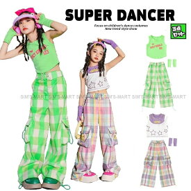 K-POP ダンス衣装 韓国 キッズダンス衣装 ガールズ セットアップ 子供ダンス服 ダンスウェア ダンス衣装 キッズ トップス チェックパンツ 黄緑 紫