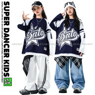 ヒップホップ 衣装 セットアップ 派手 ネイビー 白 デニム ダンス衣装 キッズ 子供ダンス服 ダンスウェア…
