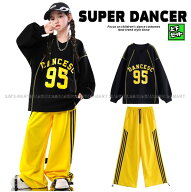 キッズダンス衣装 セットアップ ヒップホップ 衣装 ナンバリング トップス ラインパンツ 男の子 ガールズ…