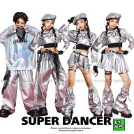 キッズダンス衣装 セットアップ ヒップホップ 衣装 銀 シルバー 男の子 ガールズ へそ出しトップス パン…