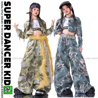ダンス衣装 キッズ セットアップ ガールズ ヒップホップ 衣装 K-POP 韓国 総柄 ジャケット デニムパンツ …