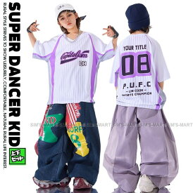 ベースボールシャツ ダンス衣装 キッズ ヒップホップ ファッション キッズダンス衣装 セットアップ 派手 ガールズ 男の子 ナンバリング ストライプ 紫 デニム