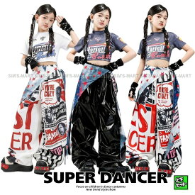 ヒップホップ 衣装 キッズダンス衣装 セットアップ K-POP 韓国 hiphop 子供ダンス服 派手 ガールズ ダンス衣装 キッズ レーサー風 へそ出し トップス メタリックパンツ