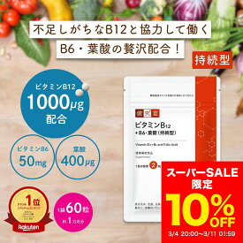 【10％OFF 3/4〜3/11】ビタミンB12・B6 + 葉酸 持続型 1袋 (30日分) 神経 しびれ 妊活 ビタミンB12 1000μg ビタミンB6 50mg 葉酸 400μg 神経痛 高濃度 ビタミン B12 B6 ビタミンB6 国内製造 サプリ