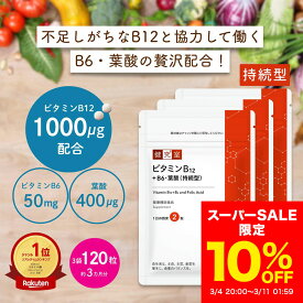 【10％OFF 3/4〜3/11】ビタミンB12・B6 + 葉酸 持続型 3袋 (90日分) 神経 しびれ 妊活 ビタミンB12 1000μg ビタミンB6 50mg 葉酸 400μg 神経痛 高濃度 ビタミン B12 B6 ビタミンB6 国内製造 サプリ 3ヵ月分 大容量
