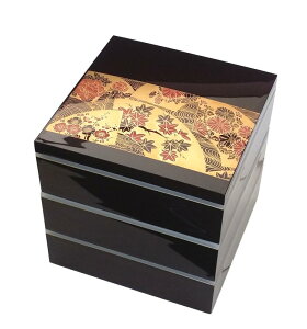 若泉漆器 3段重箱 7寸大和重 新溜内朱渕金 華暦 パッキン中蓋3枚付 H-151-95